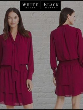 White House Black Market Women's Berry Tie-Neck Long Sleeve Dress
